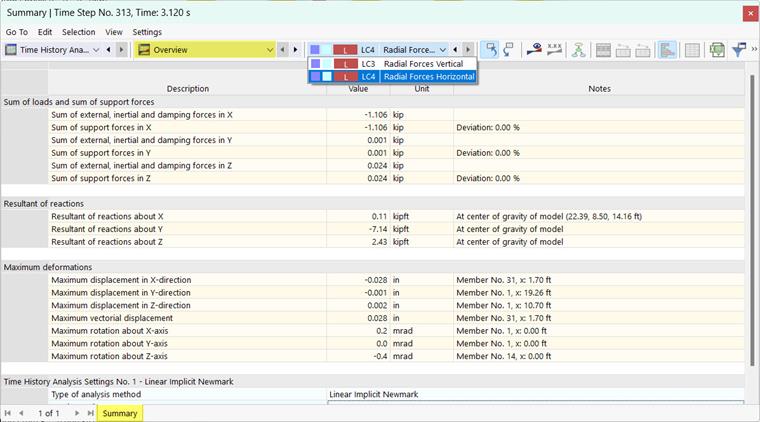 Results Category "Overview" for Time History Analysis in Table