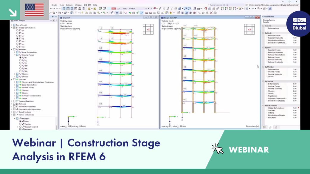 Construction stage analysis dashboard showing structural load paths in RFEM 6.