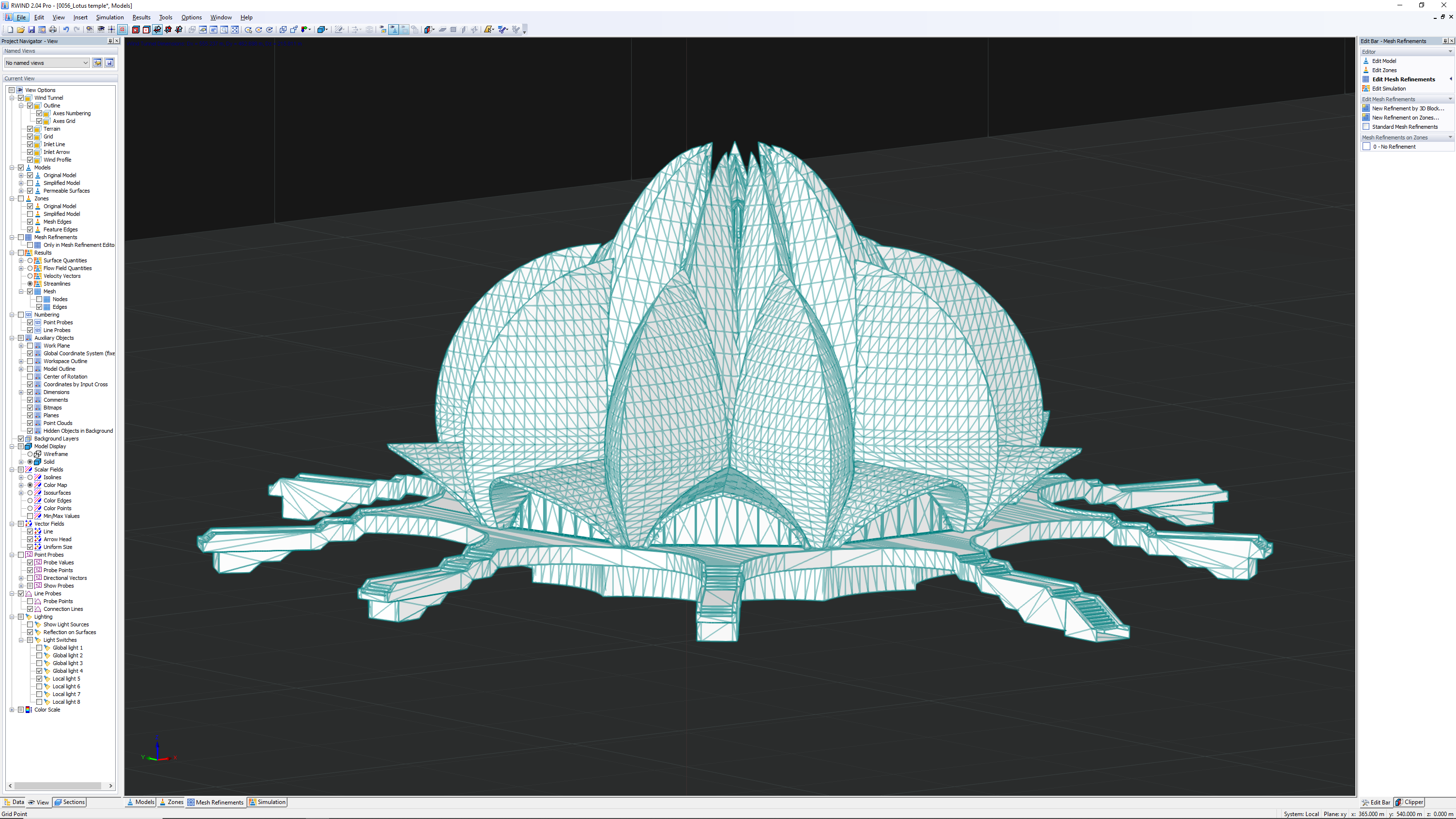 The image displays the Baháʼí Temple of South America and a mesh refinement editor interface.