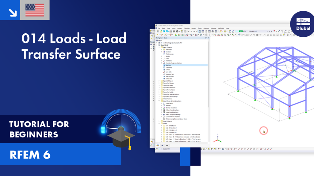 Beginner tutorial demonstrating load application and transfer on surfaces in structural analysis using RFEM 6 software.