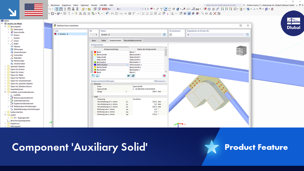 Display of a structural support component for optimizing a structural analysis. Focuses on the efficient use of auxiliary solids.