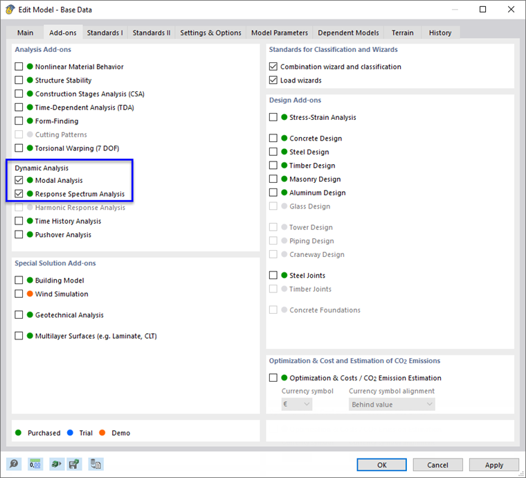 Activating "Modal Analysis" and "Response Spectrum Analysis" Add-ons