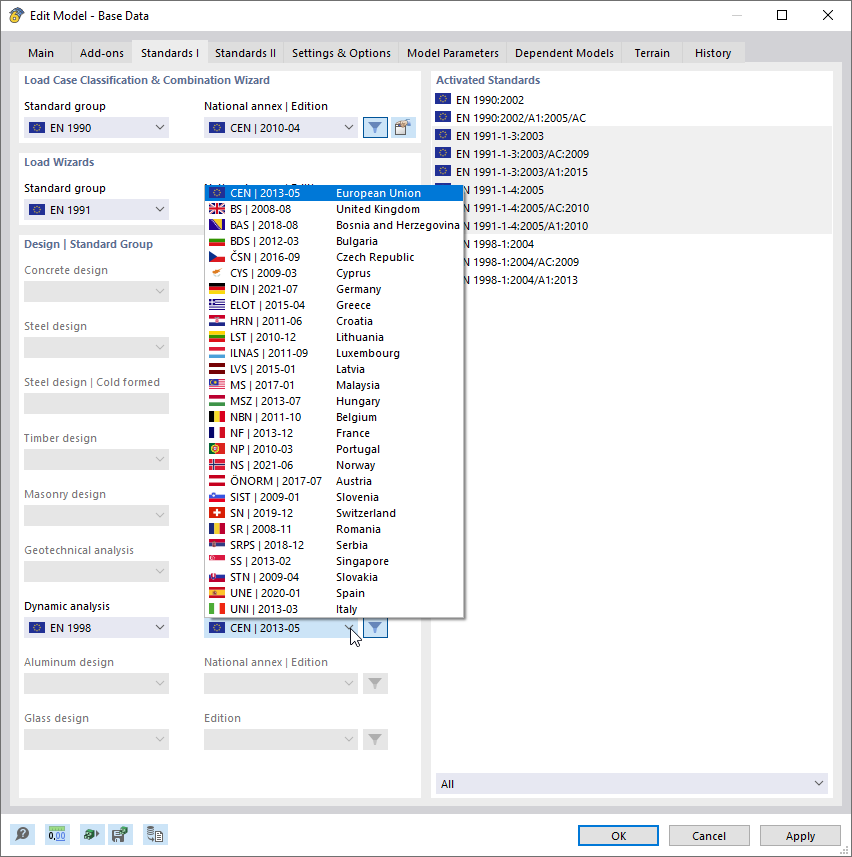 Selecting Standard and National Annex for Dynamic Analysis