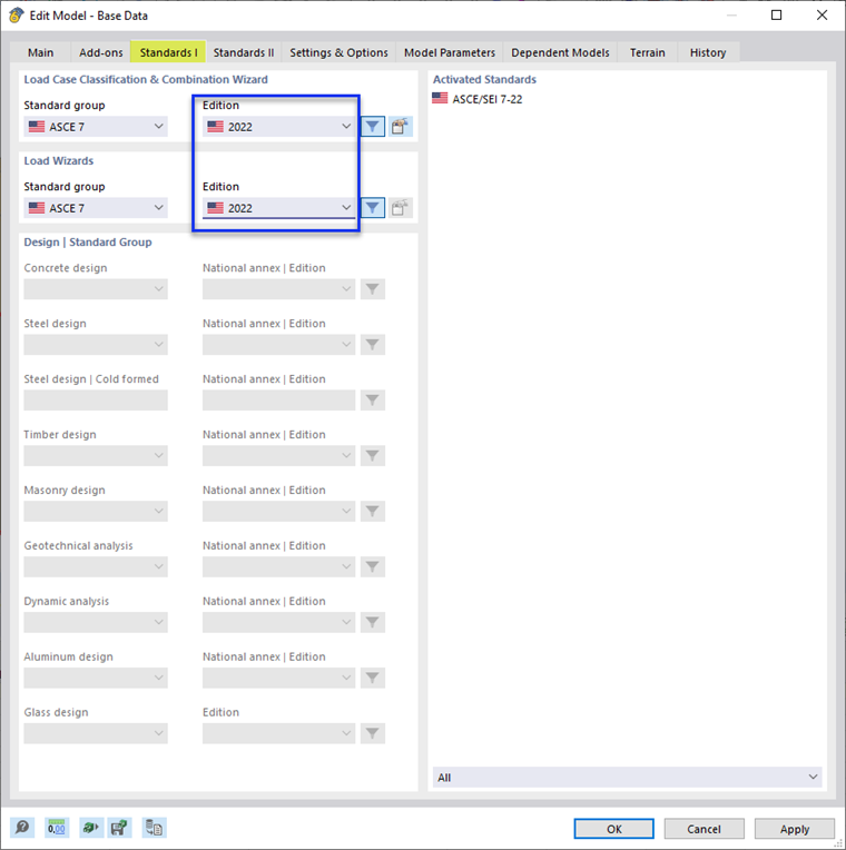 Selecting Standards for Load Combinations and Wizard