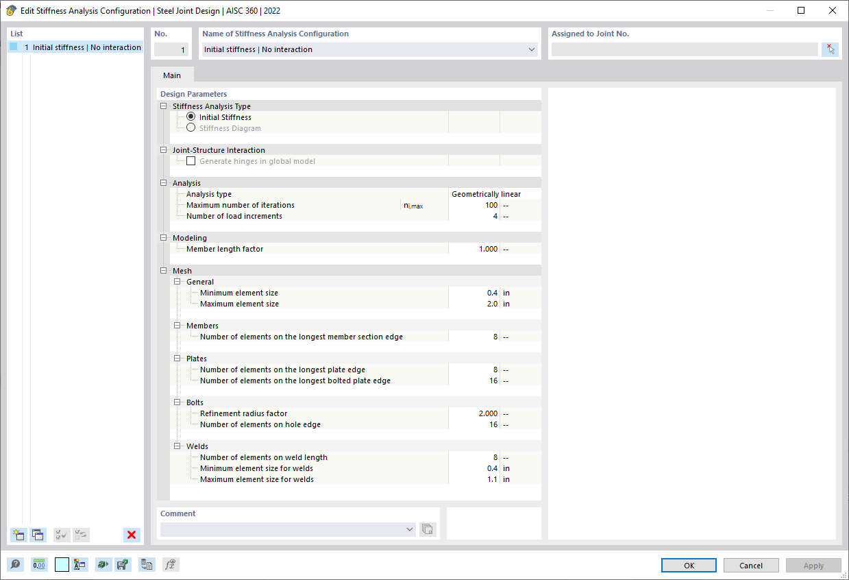 Setting of Stiffness Analysis Configuration for Steel Joint Design