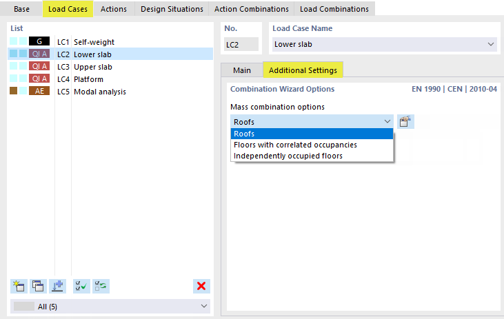 Mass Combination Options for Imposed Loads