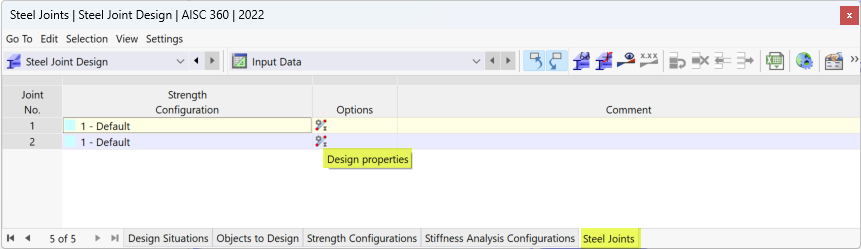 Table 'Steel Joints' with Symbol of Design Properties