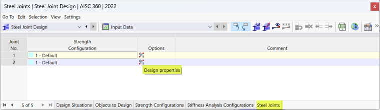 Table 'Steel Joints' with Symbol of Design Properties