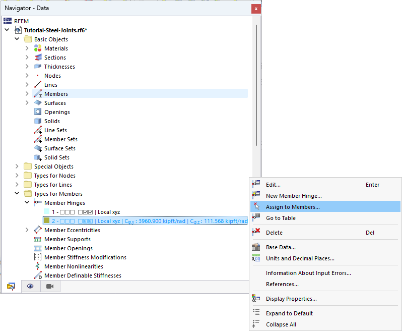 Shortcut Menu to Assign Member Hinge Graphically