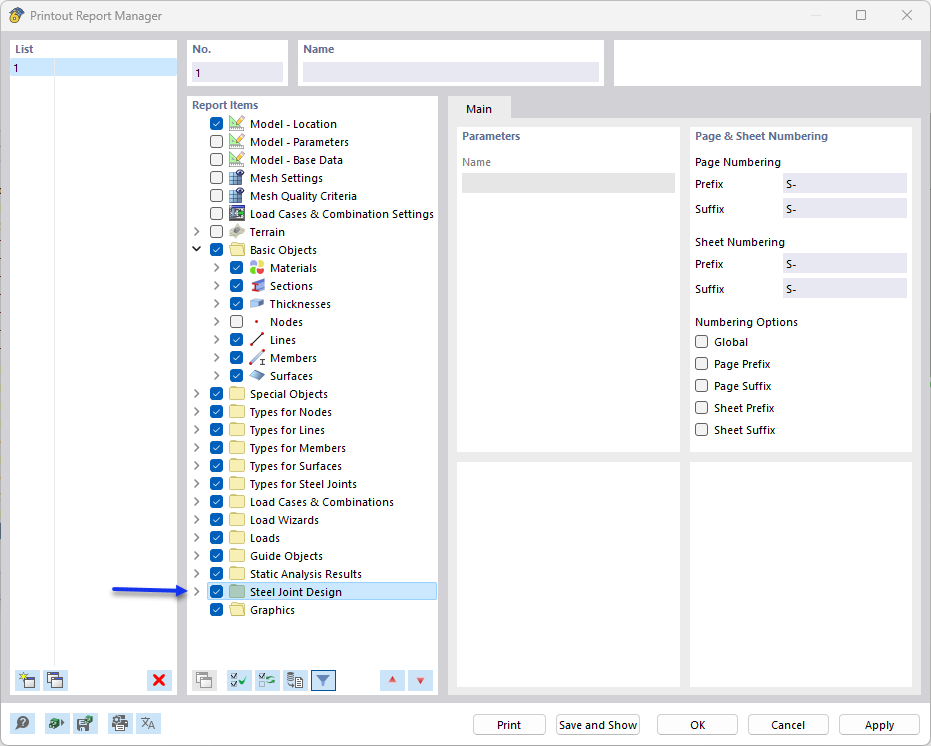 Activating "Steel Joint Design" Data in Printout Report Manager