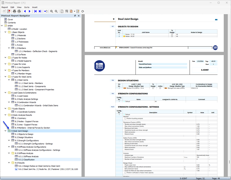 "Steel Joint Design" Data in Printout Report