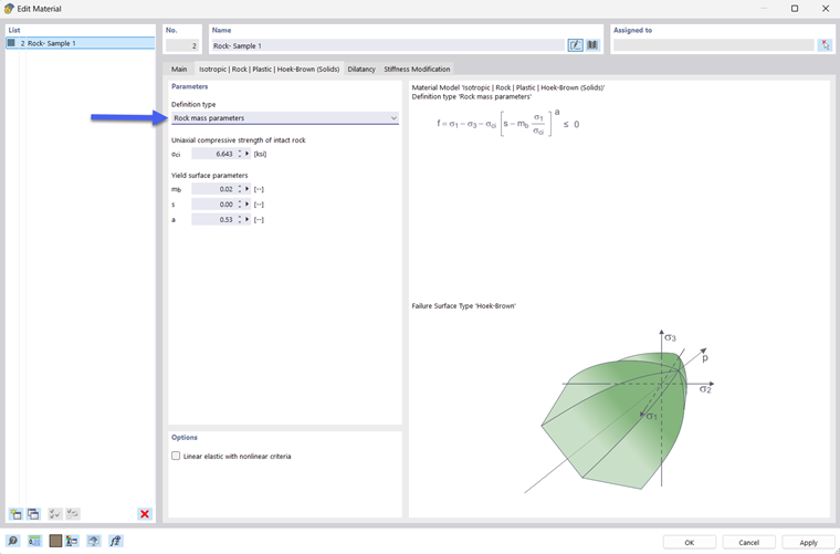 Input Dialog Box – Hoek-Brown Model – Empirical Values