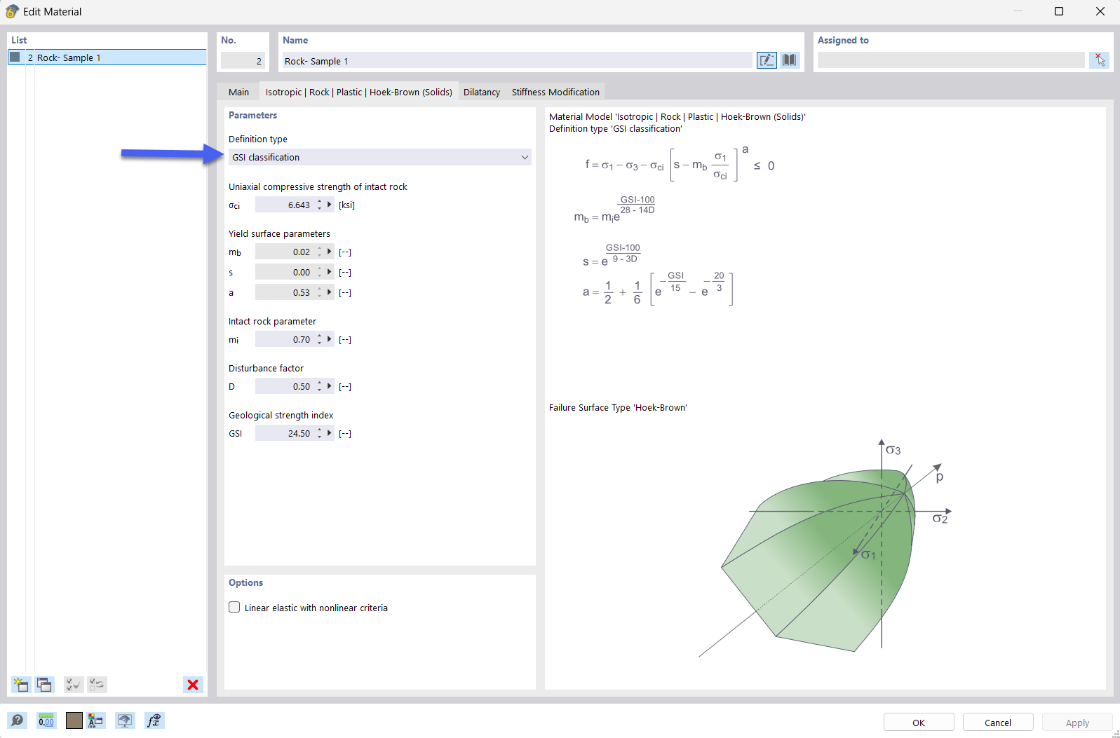 Input Dialog Box – Hoek-Brown model – GSI Values
