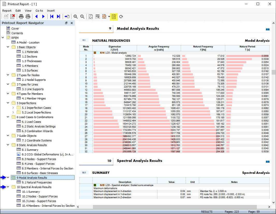 Modal Analysis and Spectral Analysis Results in Printout Report