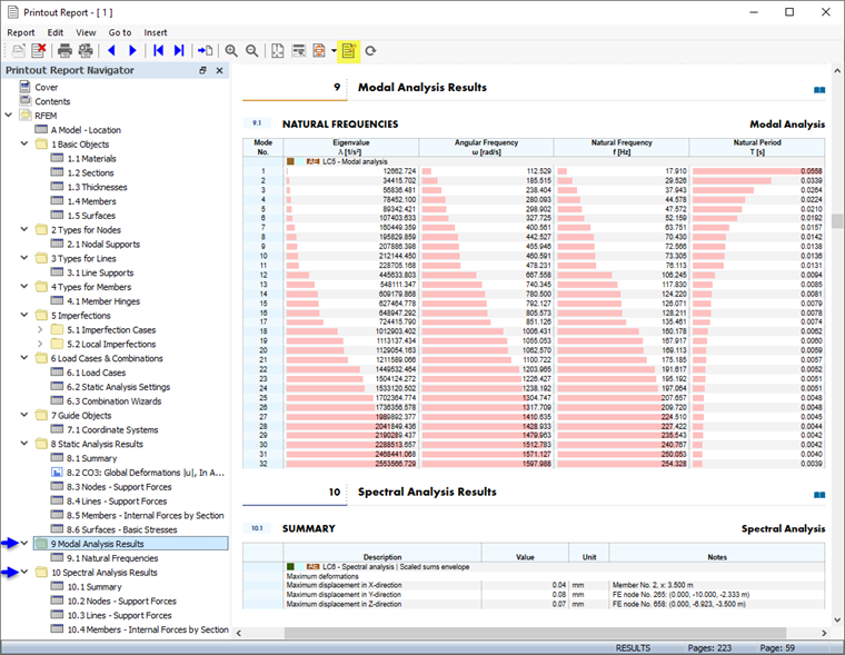 Modal Analysis and Spectral Analysis Results in Printout Report