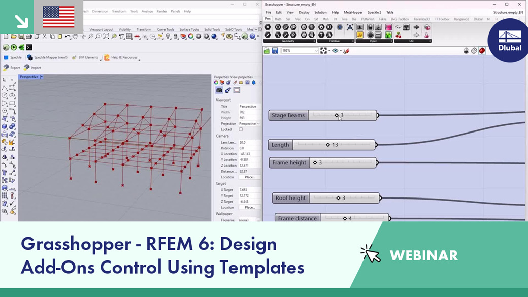 Demonstration of controlling RFEM 6 design add-ons using Grasshopper templates for optimizing structural designs.