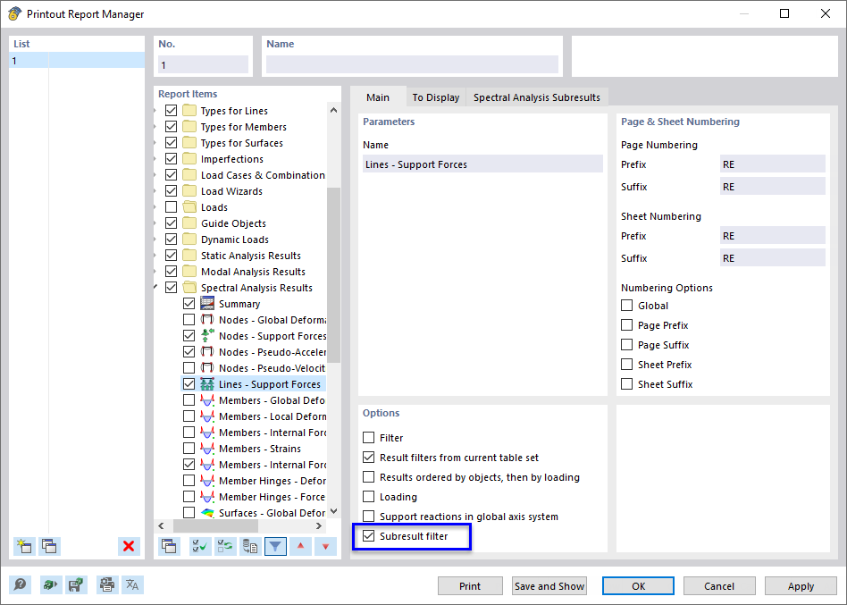 Activating Subresult Filter for Print Data