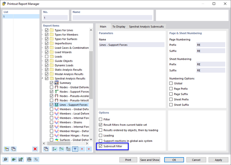 Activating Subresult Filter for Print Data