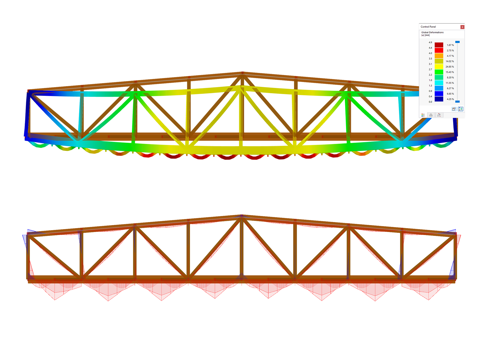 Bridge structure under self-weight load analysis in serviceability state focusing on timber design evaluation.