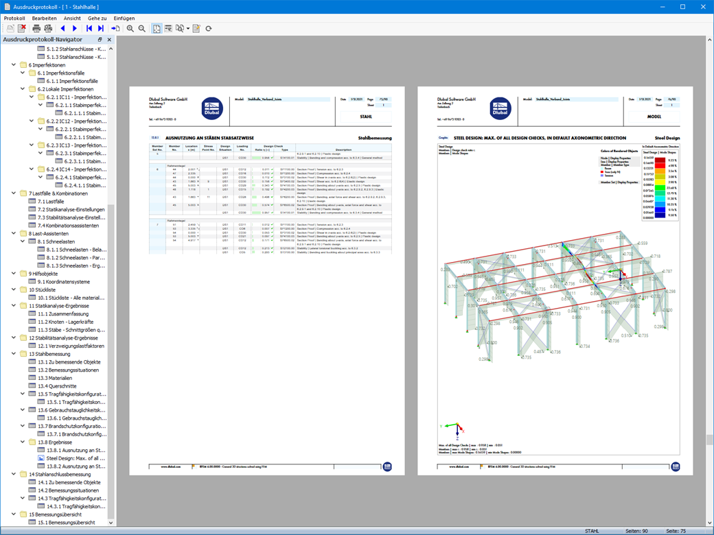 An excerpt from a printout report that displays the results of the steel design in a detailed and clear manner.