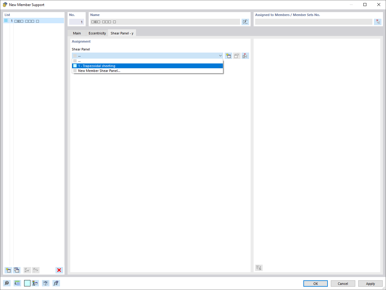 Dialog Box "New Member Support", Tab "Shear Panel - y"
