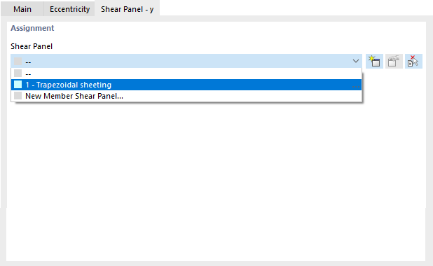Dialog box "New Member Support" with setting options for shear panels in the "Shear Panel – y" tab.