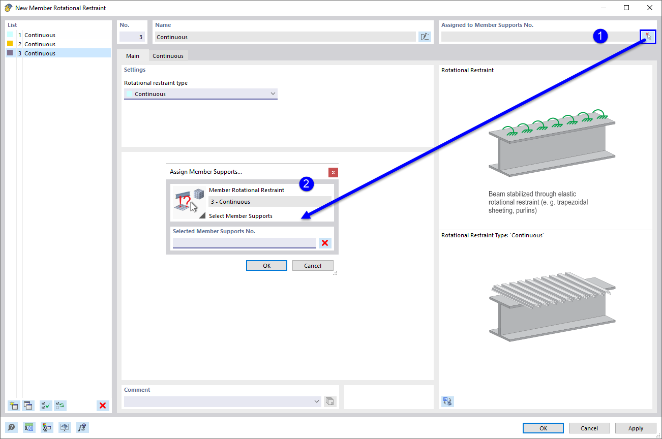 Dialog Box "New Member Rotational Restraint", Assigning Member Support