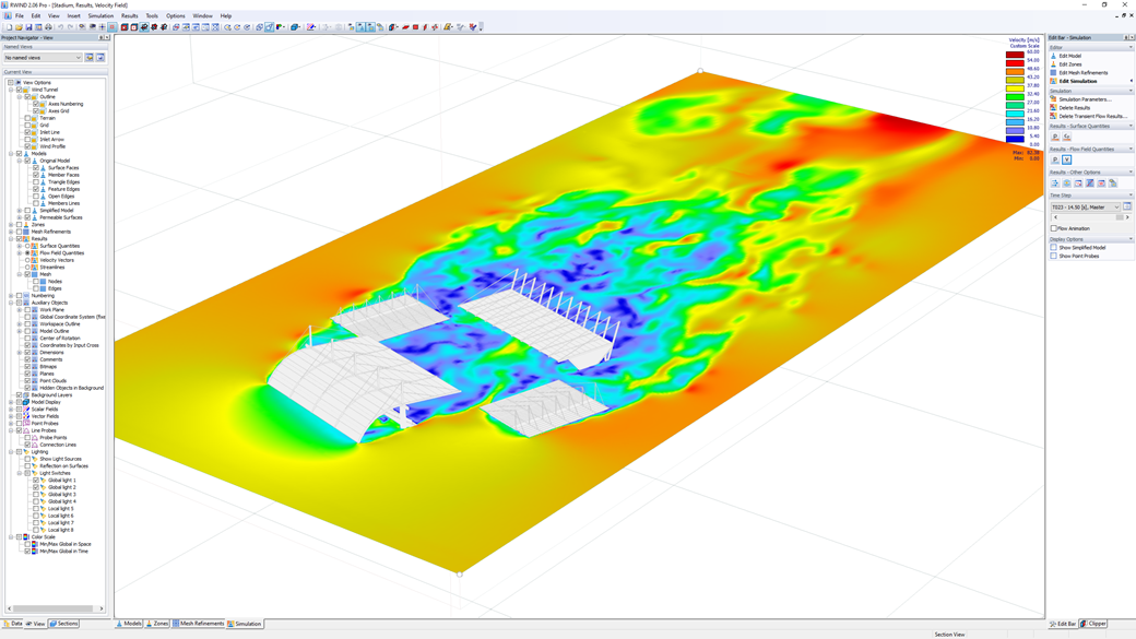 The image demonstrates how experimentally determined surface pressures are applied to a structural model for wind load simulation in RFEM.