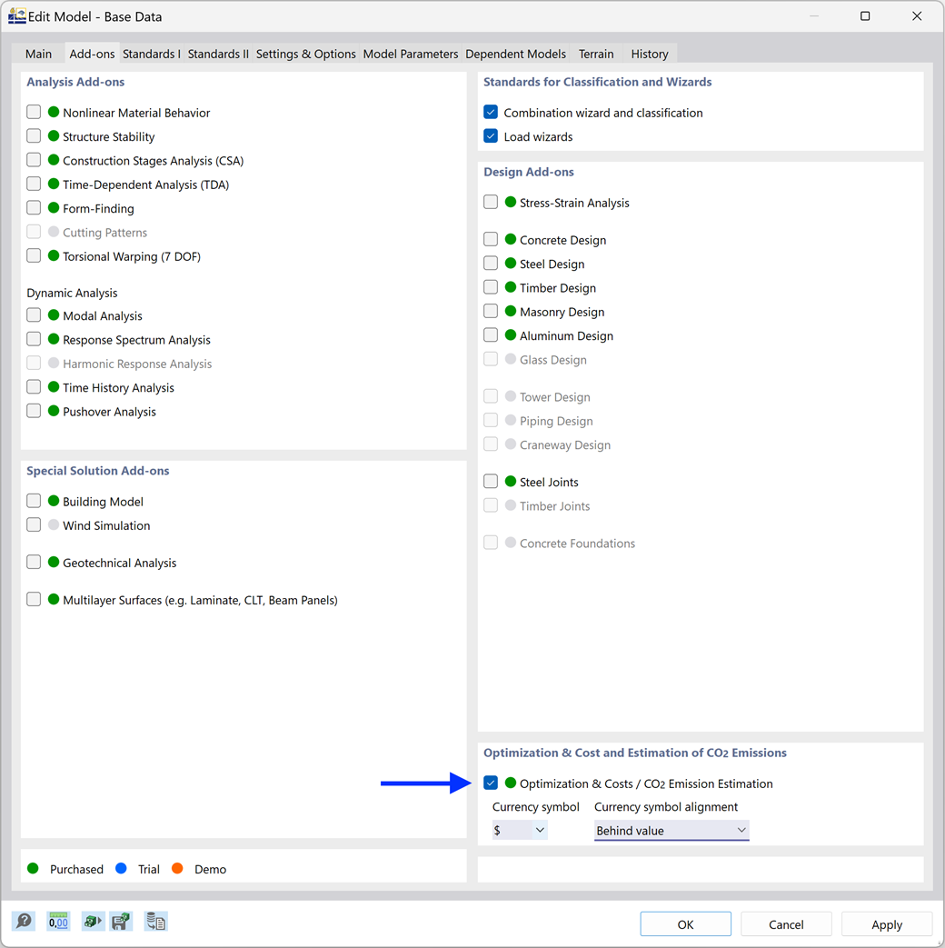 Activating Add-on "Optimization & Costs / CO2 Emission Estimation"