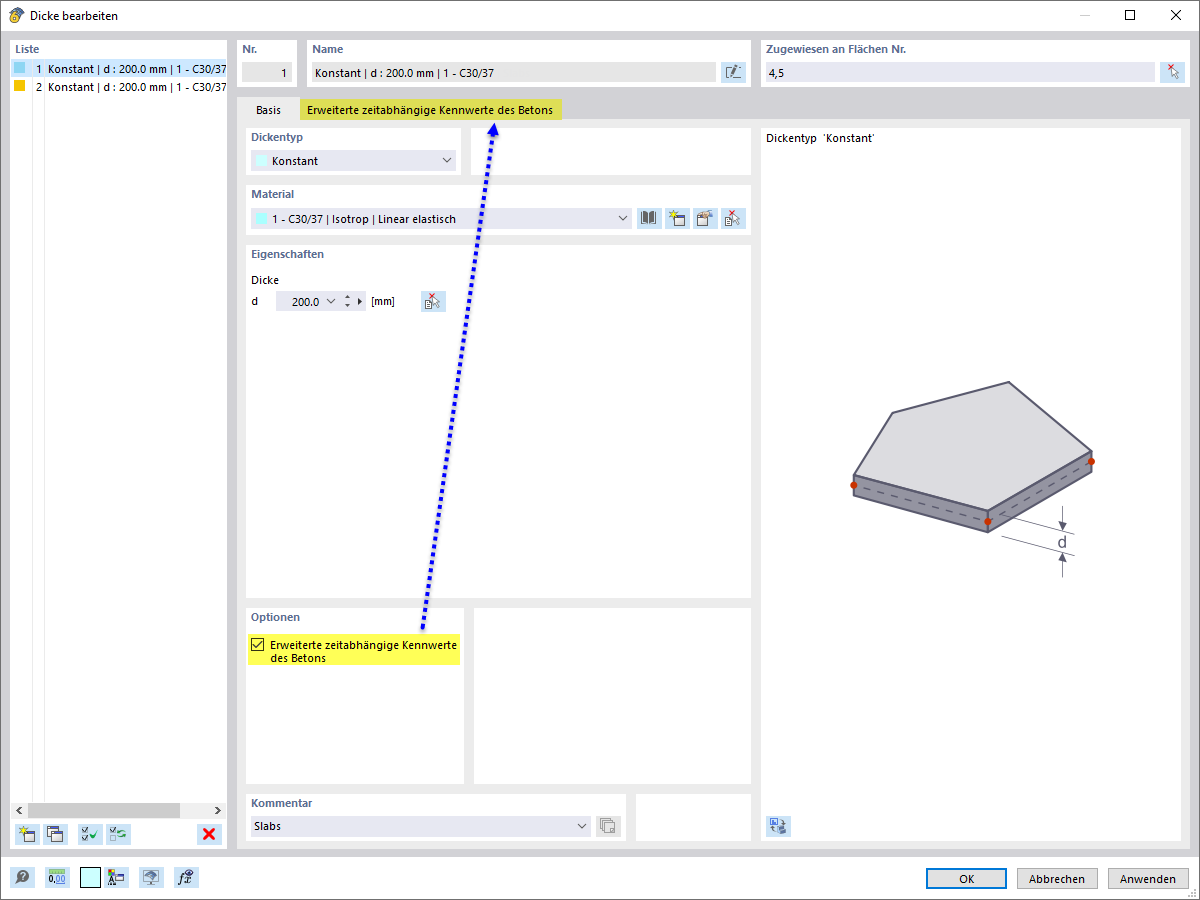Defining Advanced Time-Dependent Properties of Concrete for Thickness