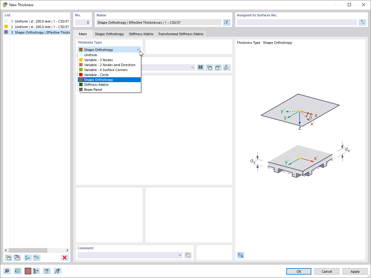 Selecting "Shape Orthotropy" Thickness Type