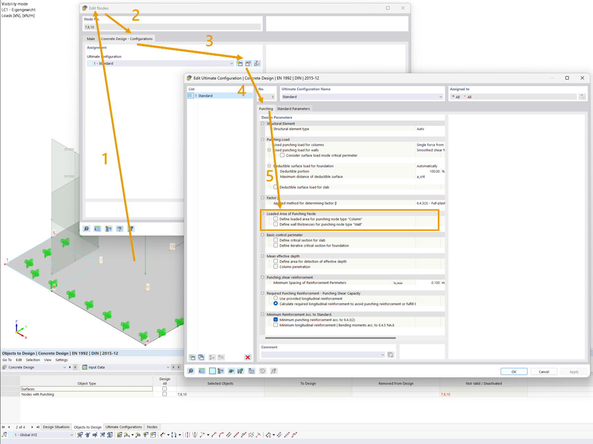 FAQ 005472 | In the table of the objects to design in the Concrete Design add-on, punching nodes are listed in the not valid/deactivated column.