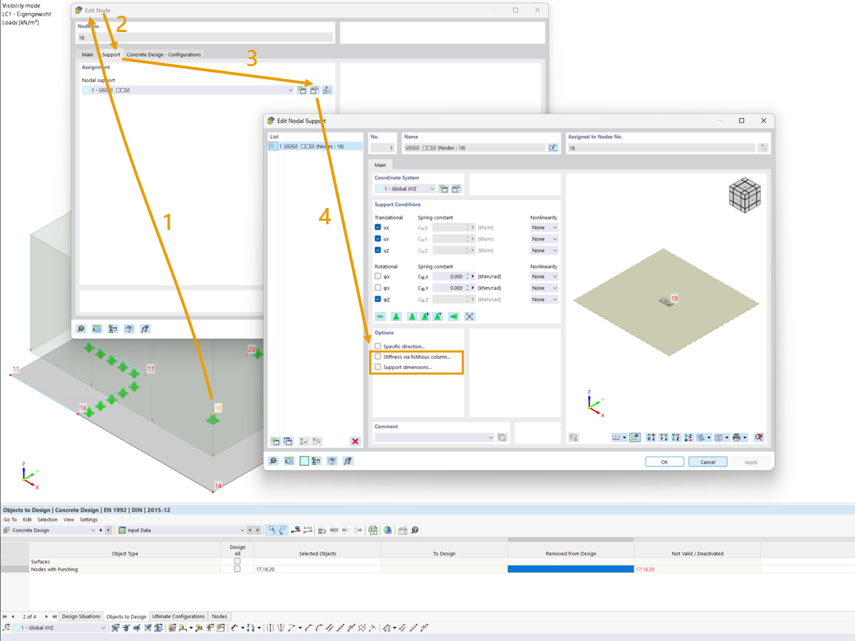 FAQ 005472 | In the table of the objects to design in the Concrete Design add-on, punching nodes are listed in the not valid/deactivated column.
