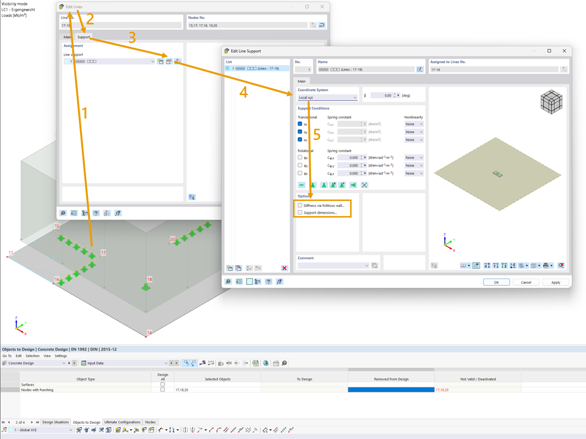 FAQ 005472 | In the table of the objects to design in the Concrete Design add-on, punching nodes are listed in the not valid/deactivated column.