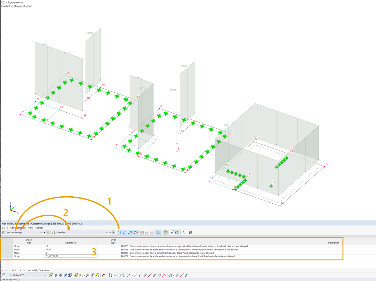 FAQ 005472 | In the table of the objects to design in the Concrete Design add-on, punching nodes are listed in the not valid/deactivated column.
