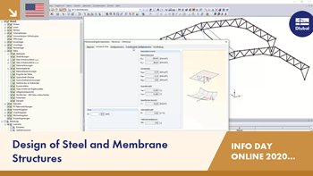 A computer-aided design program that displays a steel and membrane design interface with multiple toolbars and a 3D model.