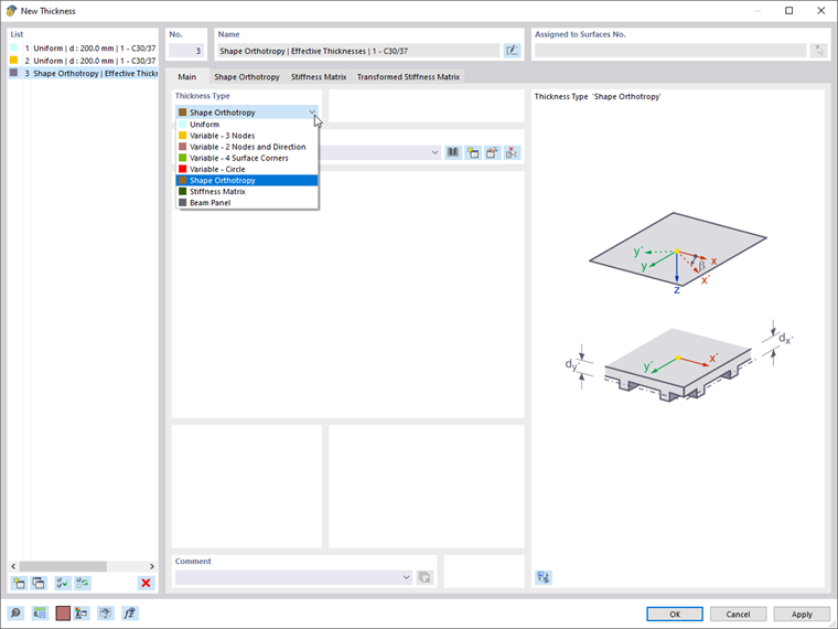 Selecting "Shape Orthotropy" Thickness Type