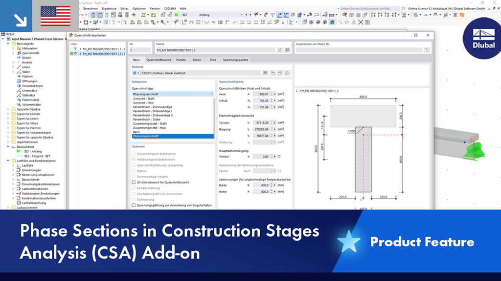 Phase sections in the construction stage analyzed with the Dlubal add-on