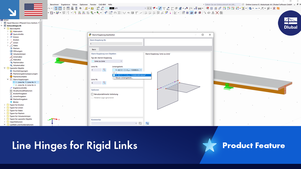 Display of line hinges used for rigid linking of structural components