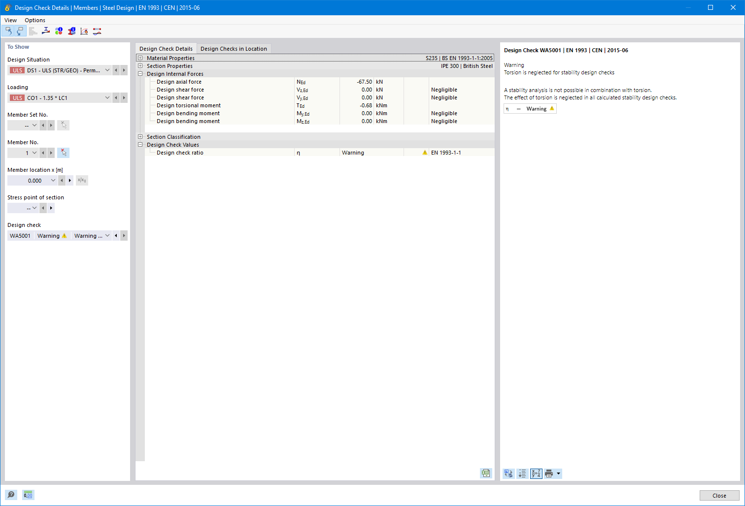 FAQ 005500 | When performing steel design in RFEM 6 or RSTAB 9, I get a warning that the torsion is neglected in the stability design checks. What is the reason?