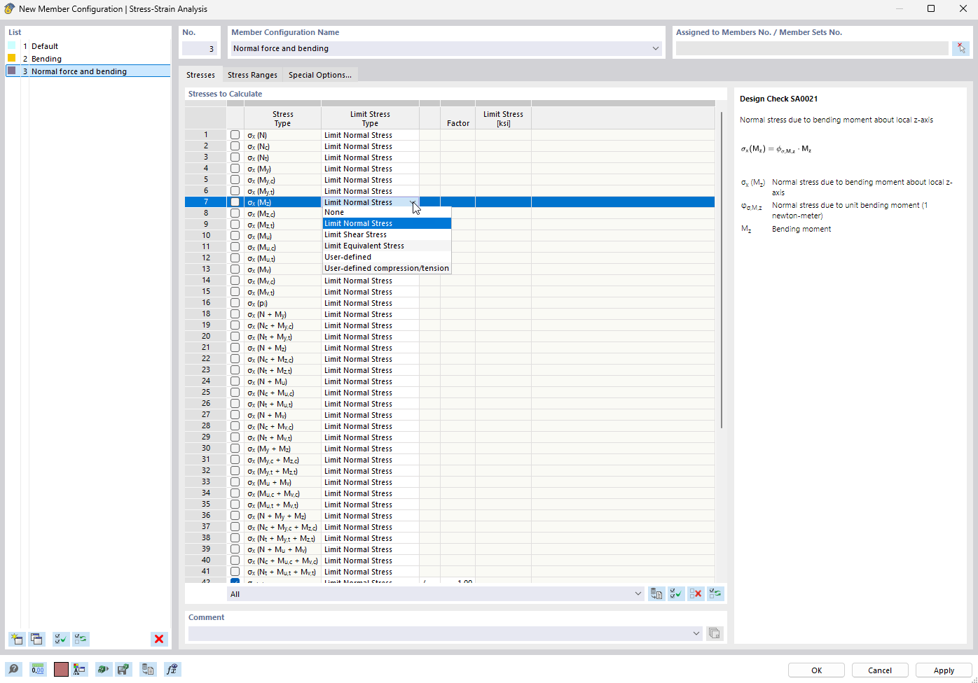 Dialog Box "Member Configuration": Specifying Stresses to Analyze