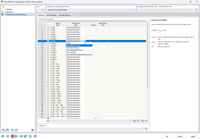Dialog Box "Member Configuration": Specifying Stresses to Analyze