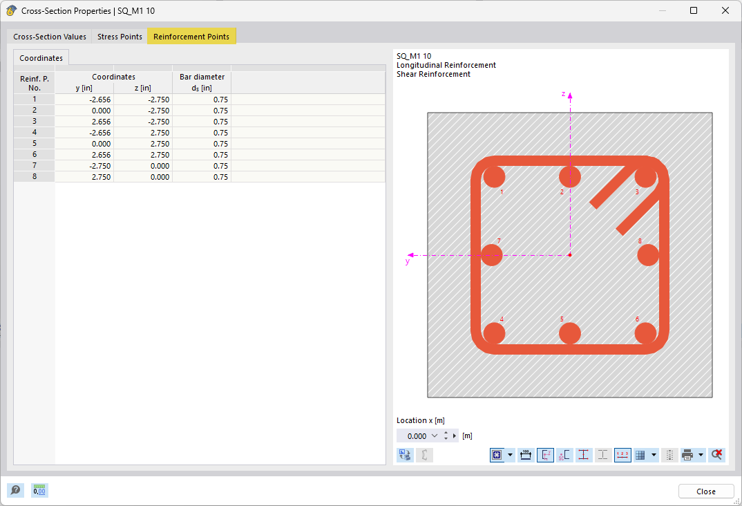 Window "Section Properties", Tab "Reinforcement Locations"
