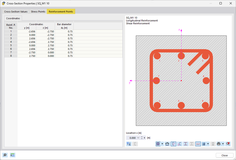 Window "Section Properties", Tab "Reinforcement Locations"