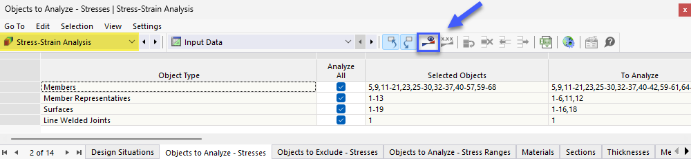 Starting Stress-Strain Analysis with Button in Table