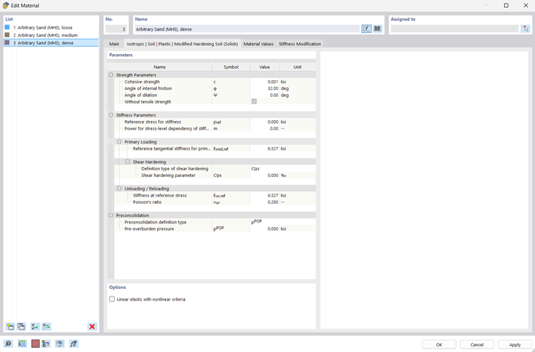 Input Dialog Box – Modified Hardening Soil Model