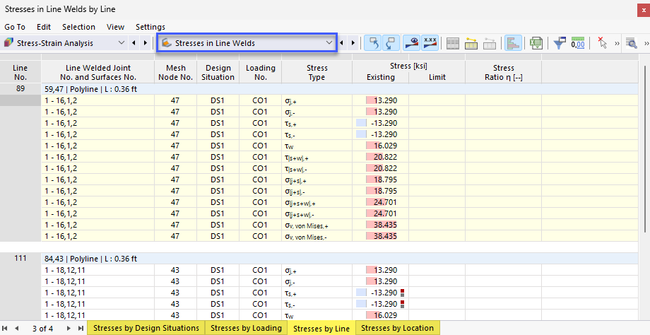 Result Tables "Stresses in Line Welds" for Stress-Strain Analysis