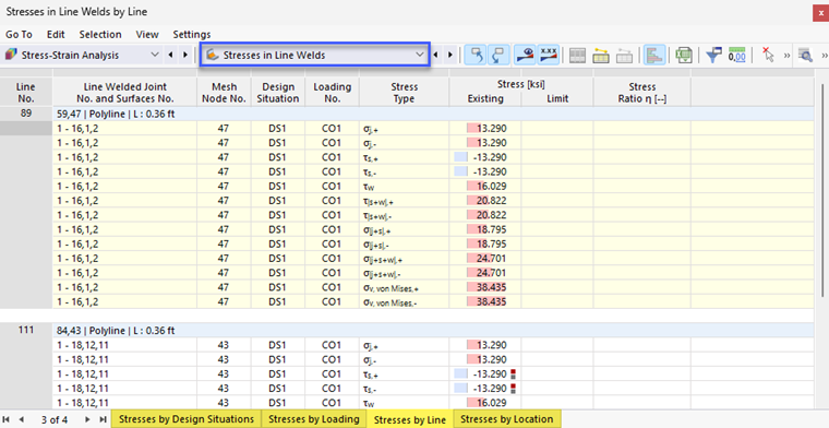 Result Tables "Stresses in Line Welds" for Stress-Strain Analysis