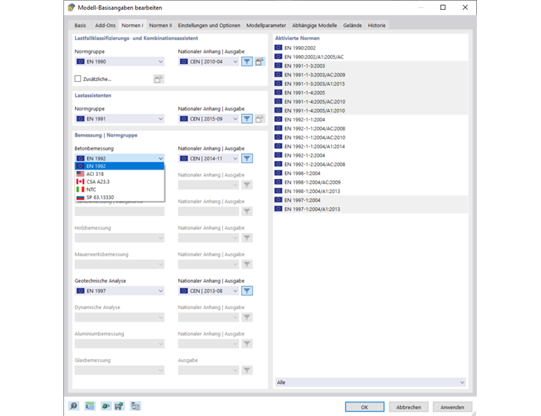 Display of options to select relevant standards for concrete foundation design.