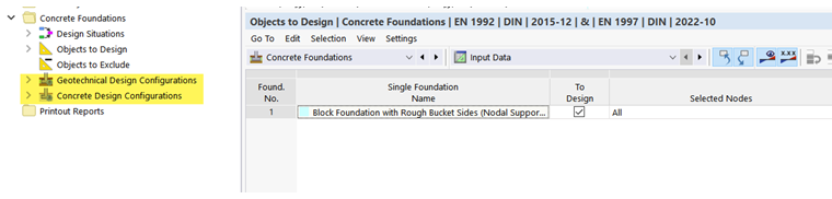 Design Configurations in "Concrete Foundations" Category in Navigator